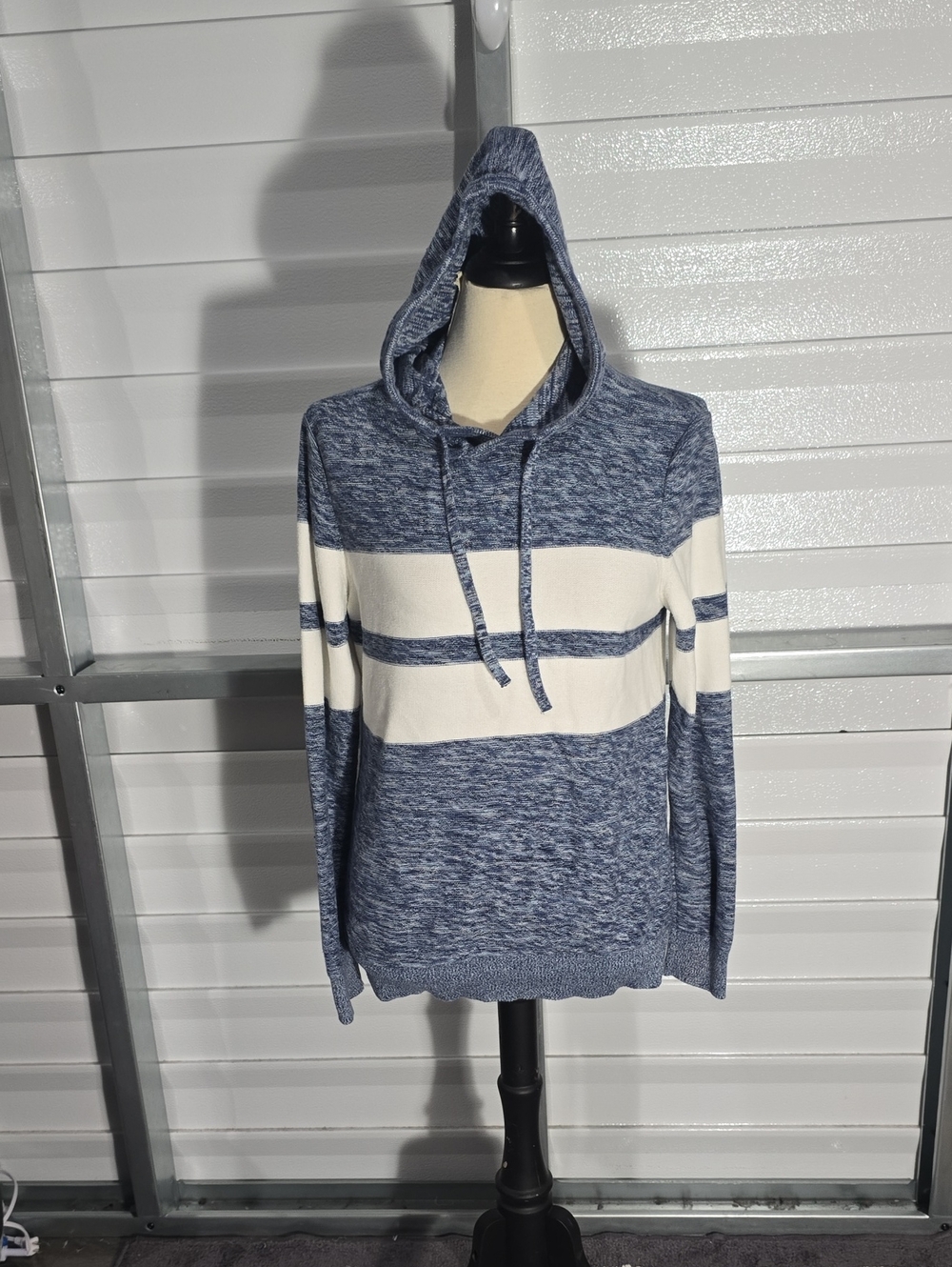 Express Navy and White Knit Pullover Hooded Sweater Size Medium
